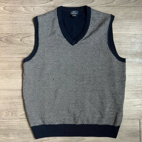 Brooks Brothers Merino Wool Gray Navy Chevron Stripe Sweater Vest Size L - Picture 1 of 4